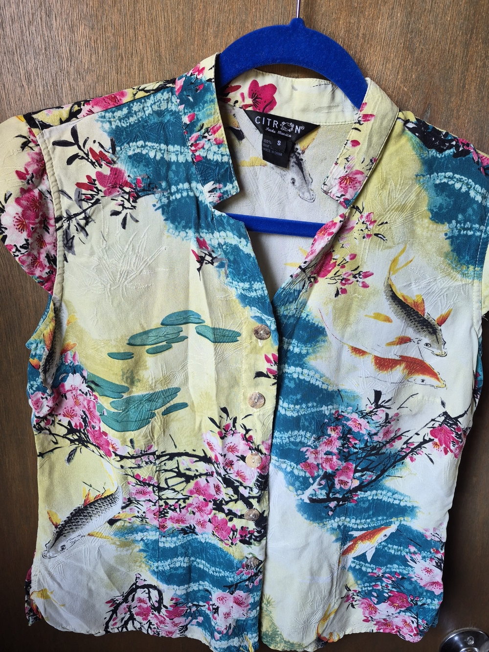 Citron Silk Floral Koi Print Button Front Blouse — Yellow, Teal, Pink